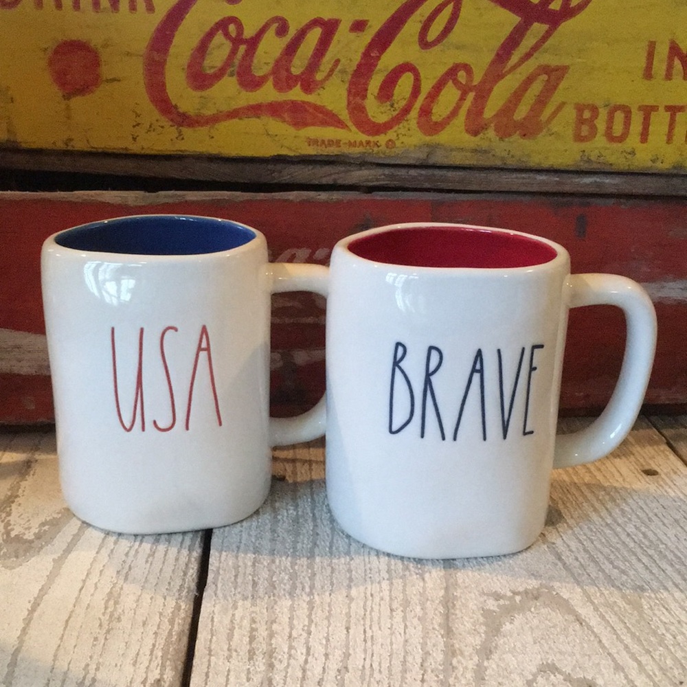 Rae Dunn USA and BRAVE…Red, White and Blue Mug Set.